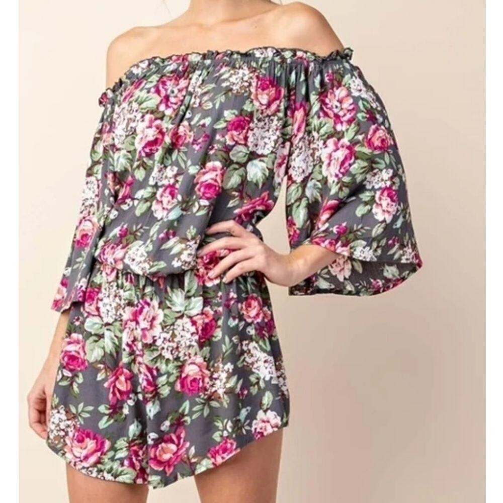 Kori Floral Off Shoulder Romper‎ Gray Pink Ruffle Bell Sleeve Short Jumpsuit